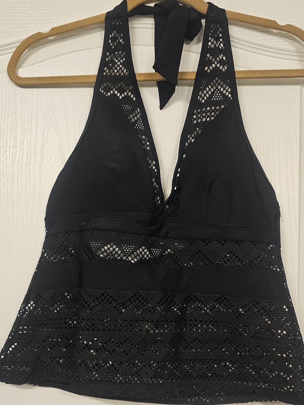 SHEIN Black Halter Lace-Trim Tankini Top